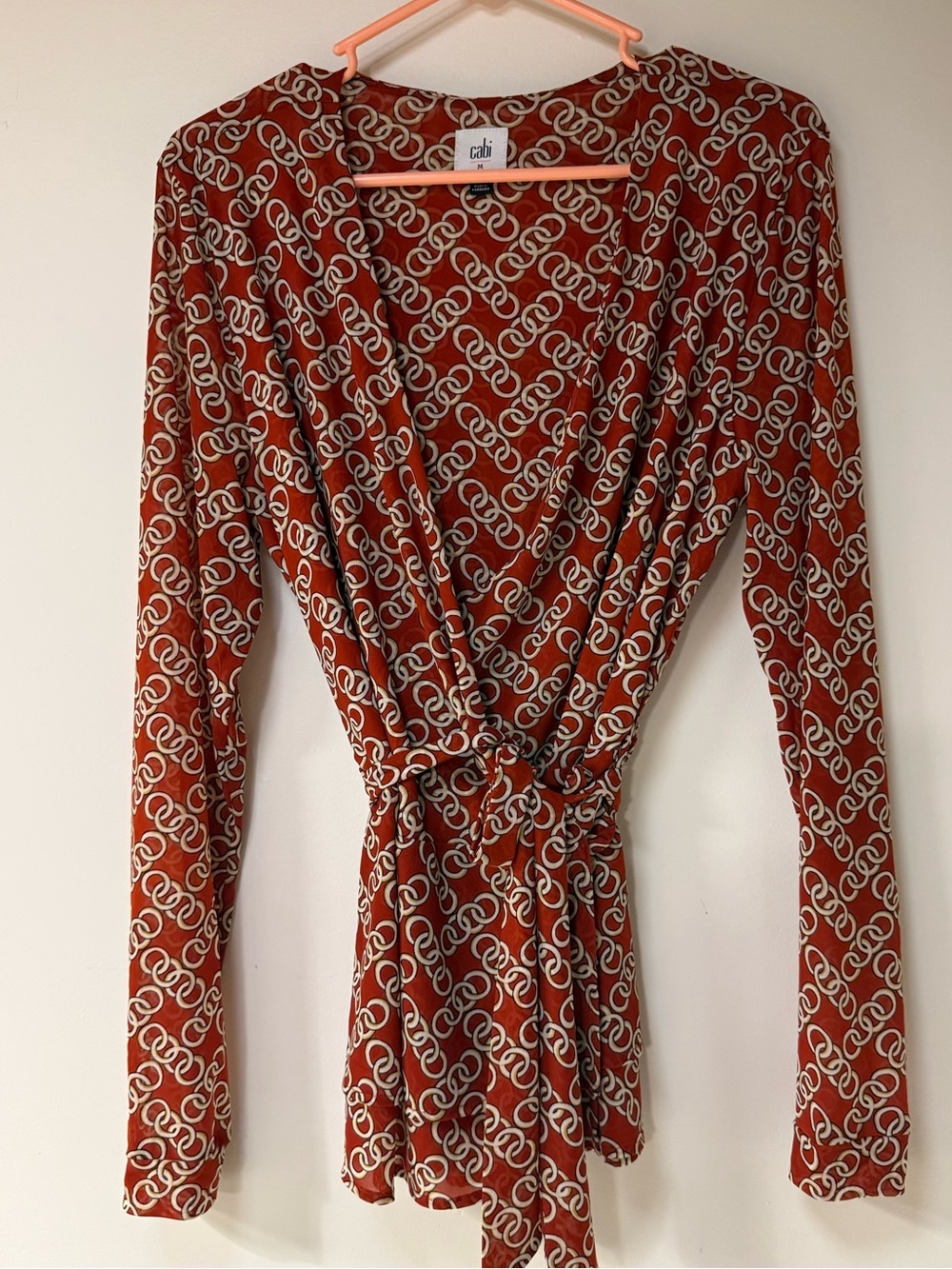 CAbi Rust Red & Ivory Long-Sleeve Wrap Top Stretch Mesh Chain Pattern Fall M